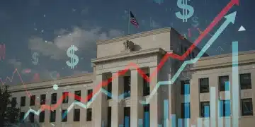 Financial chart showing rising interest rates with Federal Reserve building background, illustrating 2025 rate hike impact on investments.