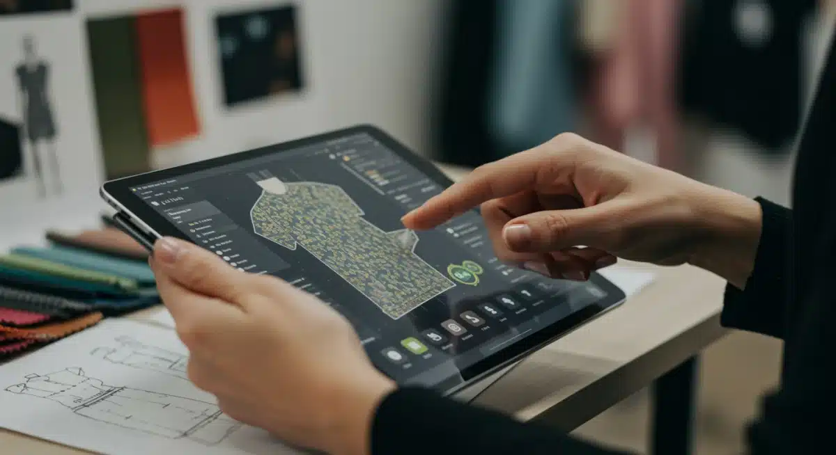 Designer's hands using a tablet to create 3D eco-friendly garment designs with sustainable material data.