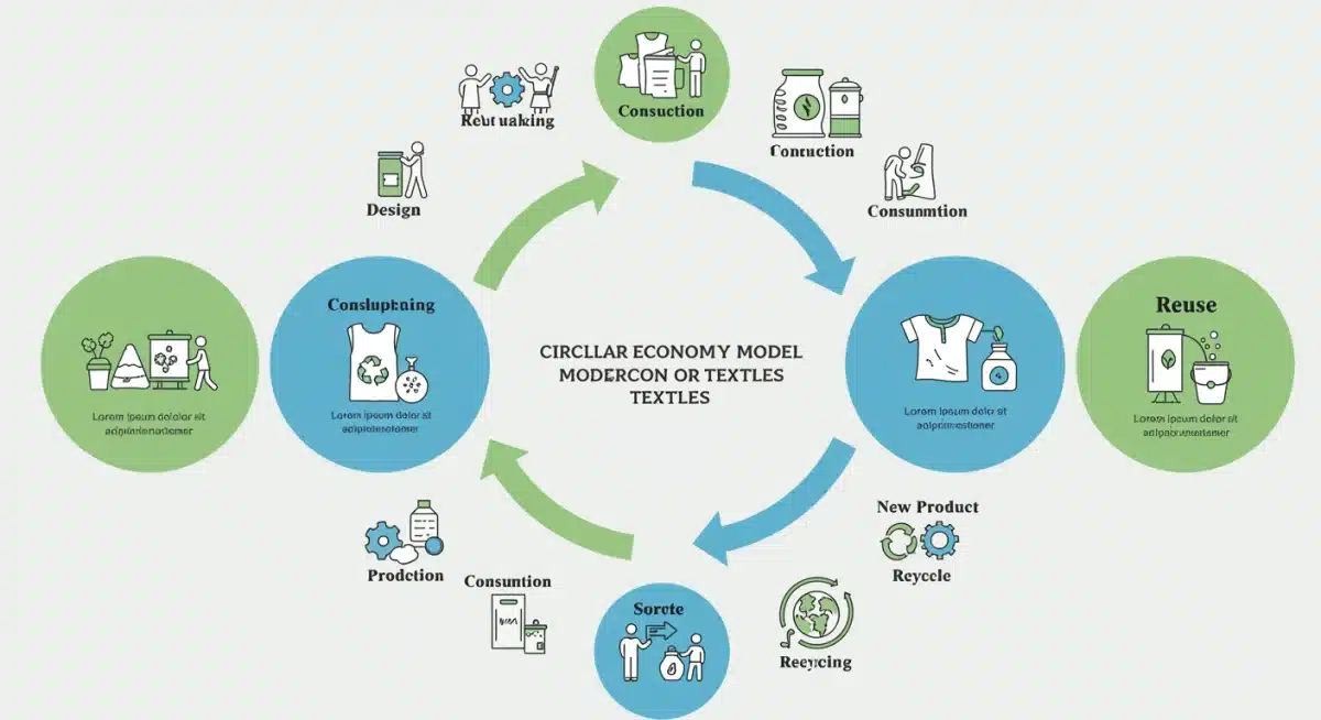 Circular economy infographic for textiles, illustrating reuse and recycling processes