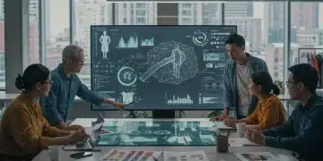 Professionals collaborating on eco-fashion design using digital tools for supply chain transparency in a modern US office.