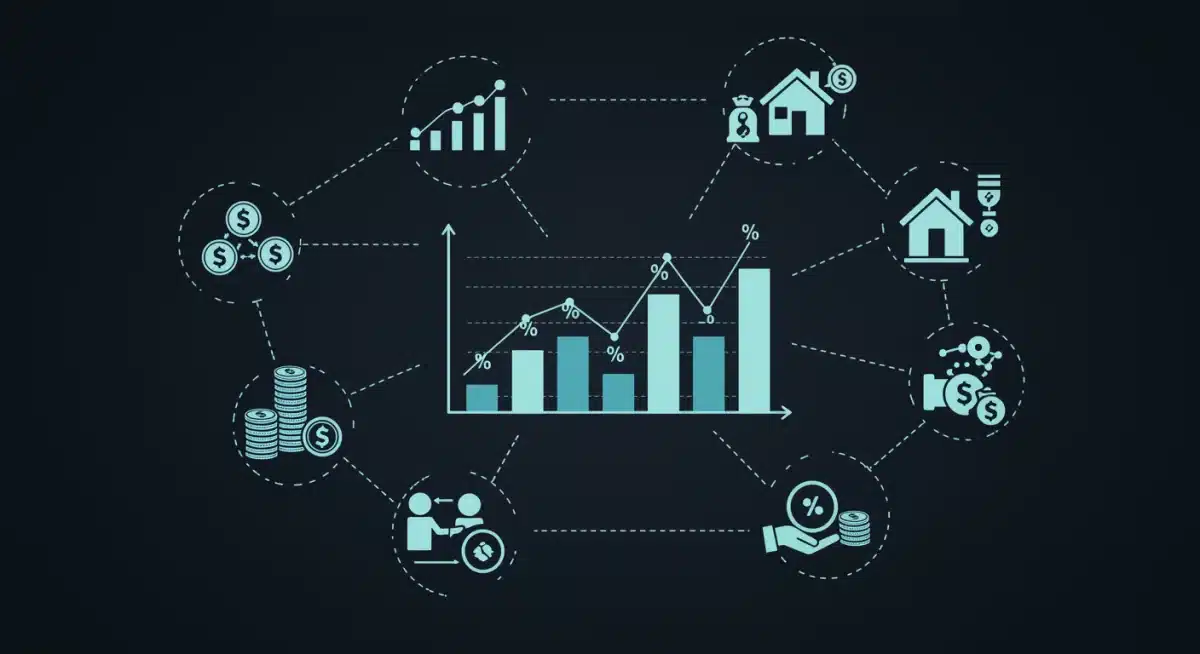 Interconnected investment assets: stocks, bonds, real estate, savings, linked to a central interest rate graph.