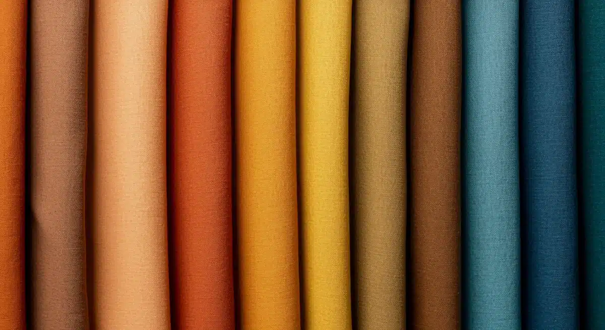 Close-up of naturally dyed fabrics in earthy tones, demonstrating sustainable textile coloring.