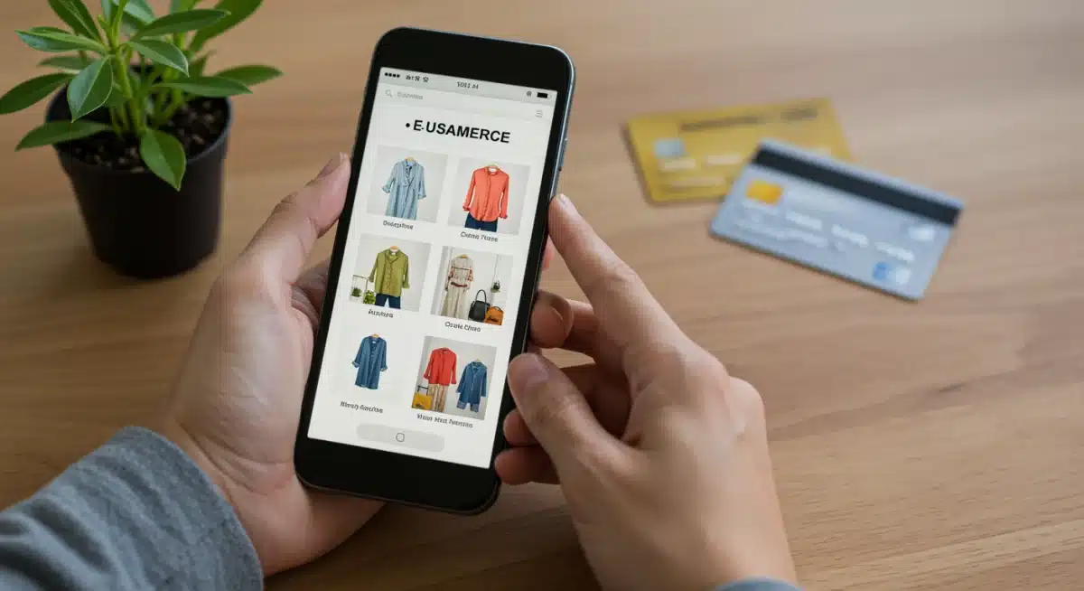 Hands holding a smartphone shopping for sustainable clothes, with a credit card and plant.