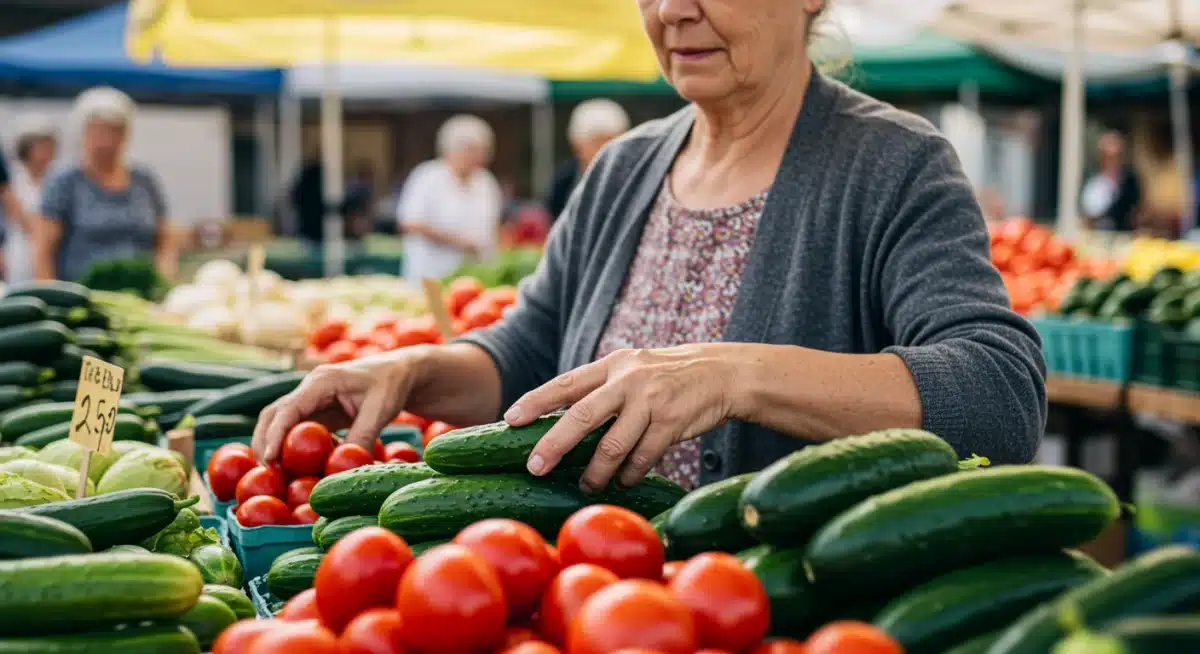 Fresh organic produce at a farmer's market, promoting healthy eating