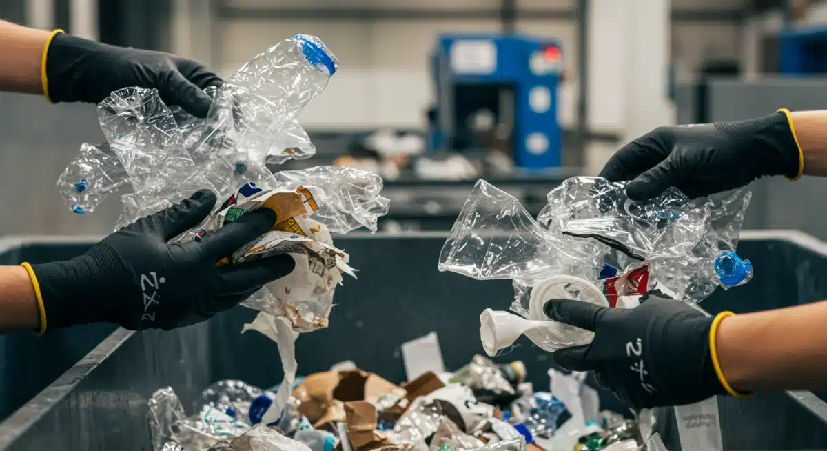 Hands sorting various recyclable materials like plastic, paper, and glass in a modern recycling facility.