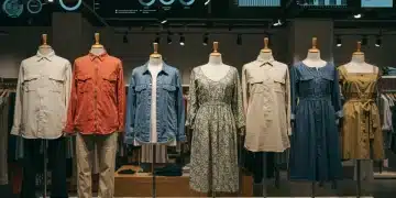 Sustainable apparel display with organic cotton, recycled polyester, and hemp garments.