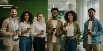 Employees smiling, dressed in sustainable apparel, in a modern office lobby, representing new wellness benefits.