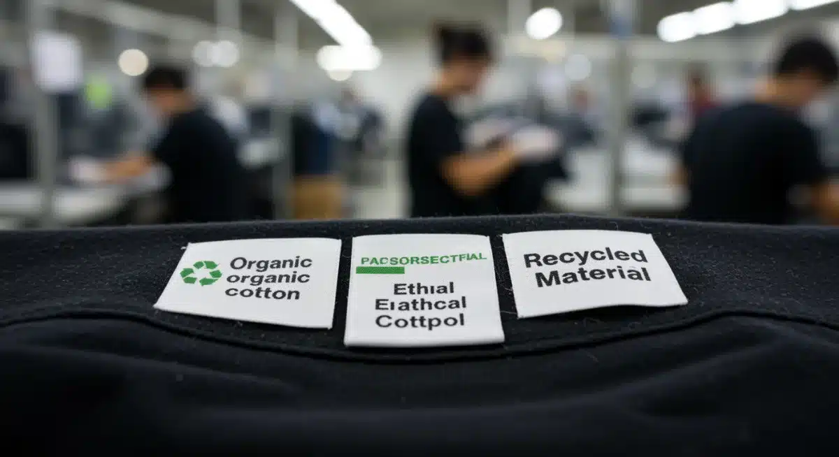 Close-up of a sustainable fabric label with ethical factory background.