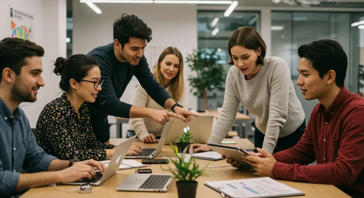 Team collaborating on sustainable investment data analysis in a modern office