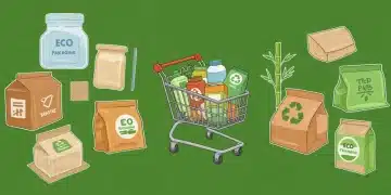 Sustainable packaging materials surrounding a shopping cart with eco-friendly products, illustrating retail commitments.