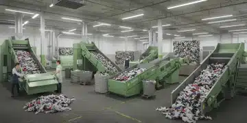 Modern textile recycling facility reducing waste in 2025, showing sorted fabrics and advanced machinery
