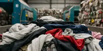 Textile waste being sorted for recycling in a modern facility
