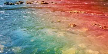 Vibrant river with eco-friendly dye patterns, symbolizing sustainable textile impact on US waterways.