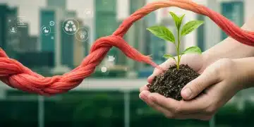 Circular textile economy concept with hands, plant, and recycled fabric