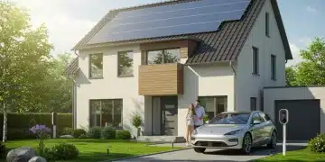 Eco-friendly home with solar panels and electric vehicle charging