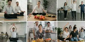 Diverse employees participating in office wellness activities, promoting health and productivity.