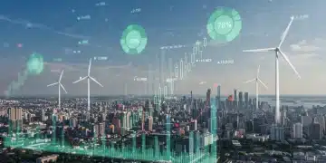 Financial charts with green energy symbols representing eco-investments and economic growth against inflation.