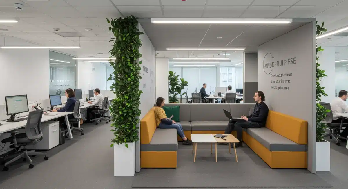 Modern office with ergonomic design and mindfulness corner, fostering employee well-being.