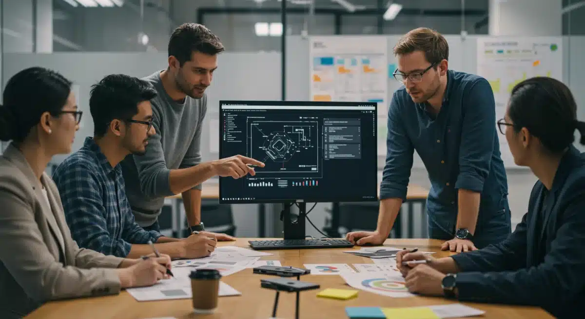 Engineers collaborating on sustainable product design and material selection, utilizing lifecycle assessment tools.