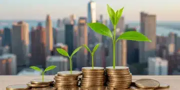 Green seedling growing from U.S. dollar coins, representing sustainable investment growth