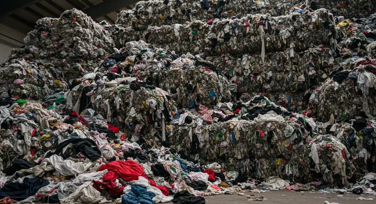 Piles of discarded textile waste from fast fashion industry