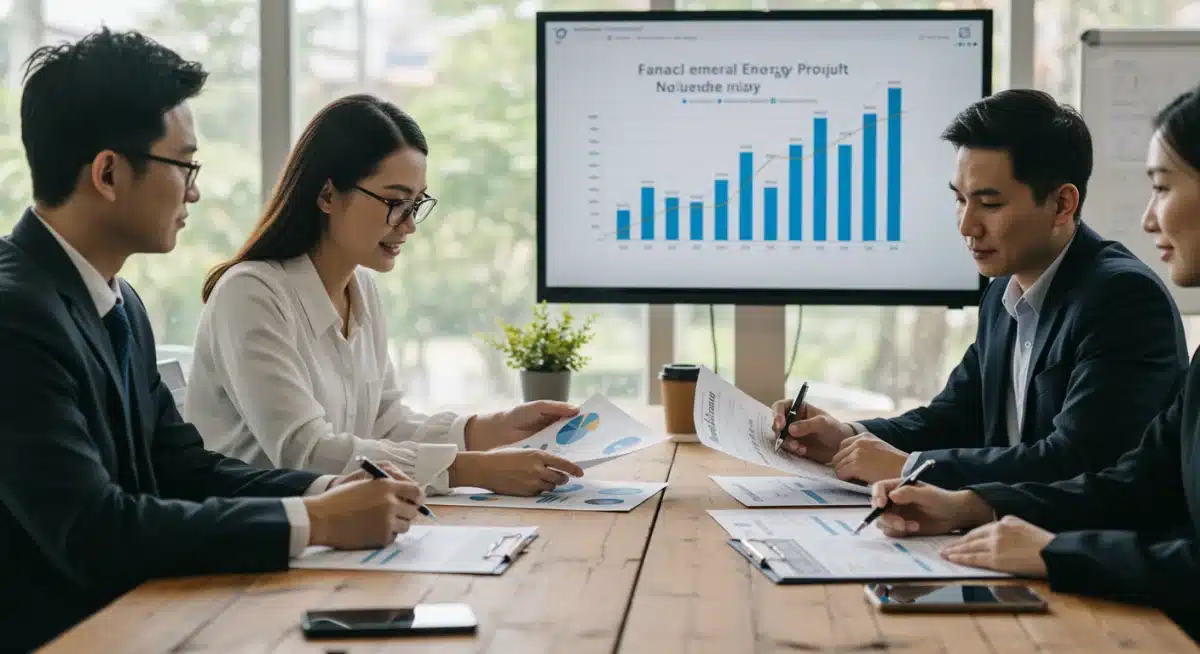 Business professionals discussing renewable energy project plans and financial benefits.