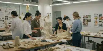 Students learning circular design and sustainable material innovation in a contemporary eco-fashion education setting.
