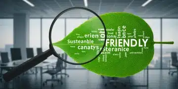 Magnifying glass examining greenwashing claims on a leaf, FTC scrutiny