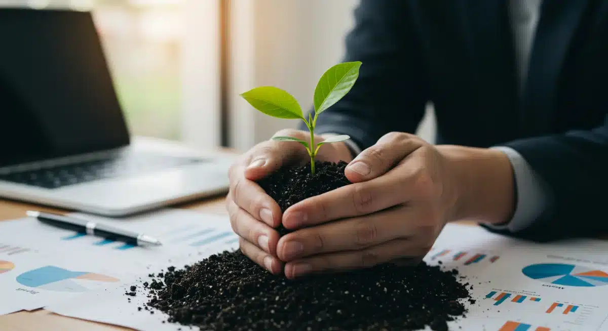 Hands nurturing a small green plant, symbolizing environmental responsibility in business.