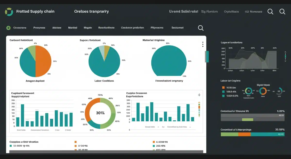 Digital dashboard showing supply chain transparency metrics for eco-fashion