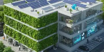Modern building with green walls and solar panels, representing sustainable business growth and innovation.