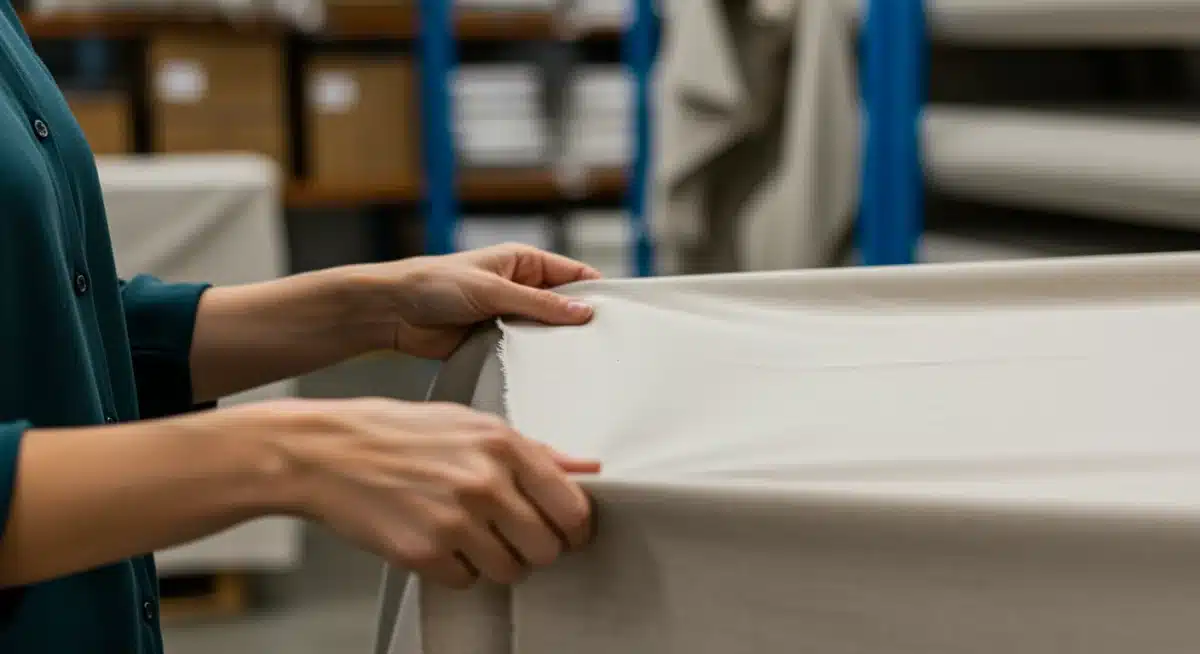 Hands inspecting sustainable fabric in a production facility, highlighting quality control in eco-fashion manufacturing.
