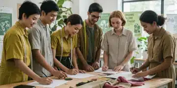 Students learning sustainable fashion design in a workshop with eco-friendly materials.