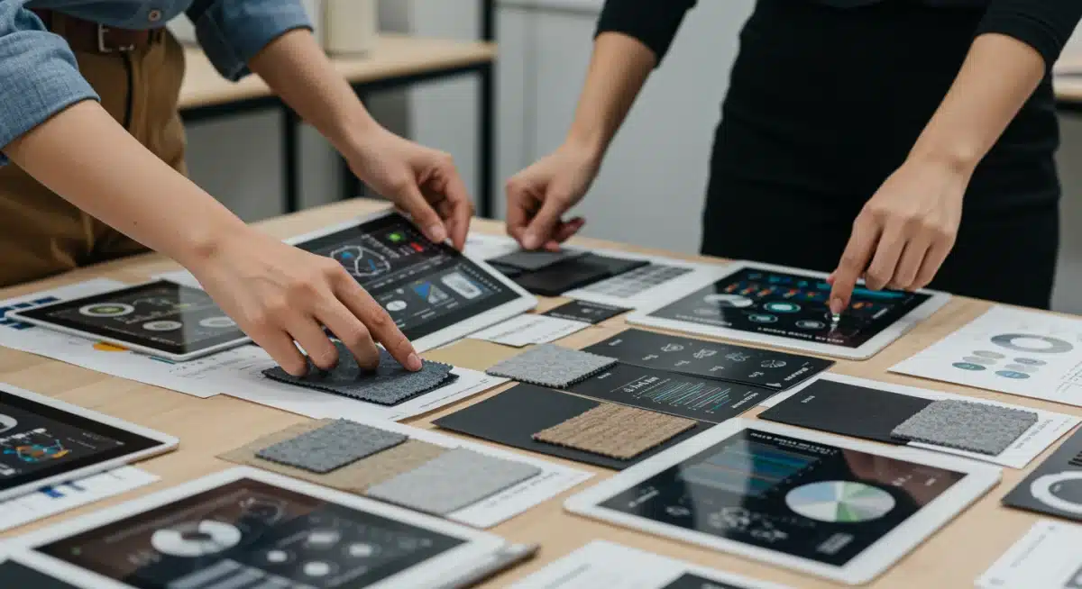 Hands analyzing sustainable textile swatches and digital supply chain data, highlighting material innovation and transparency.