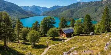 Sustainable resort nestled in a pristine mountain valley, showcasing eco-friendly travel benefits