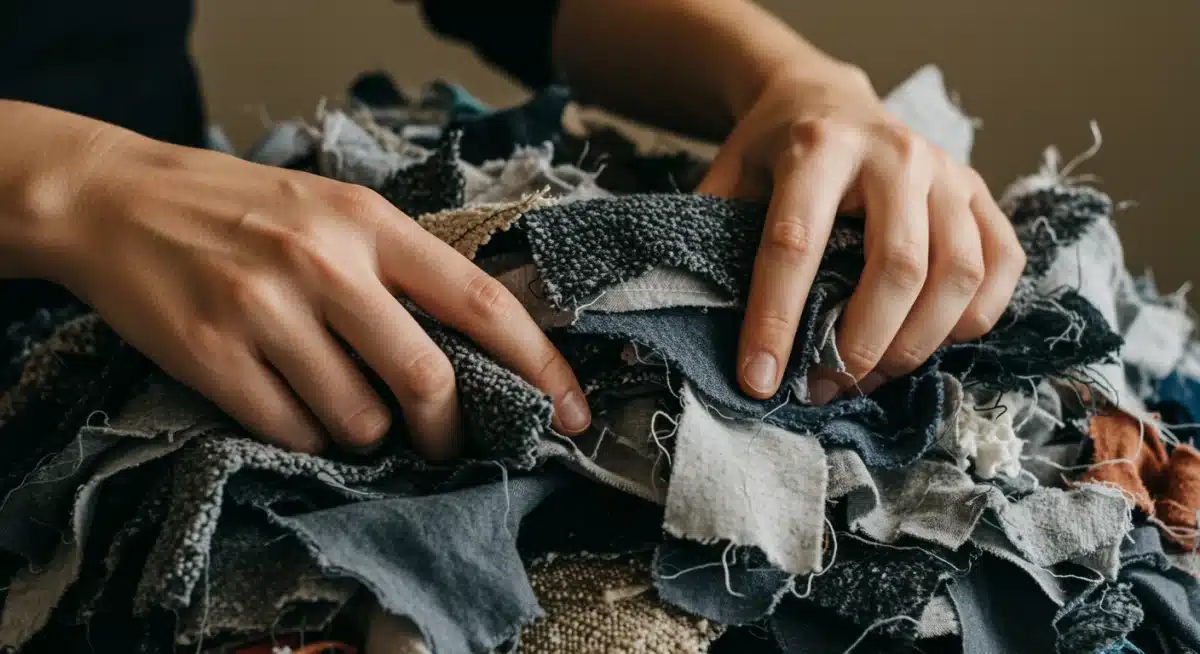 Hands sorting through various sustainable fabric scraps for textile innovation.