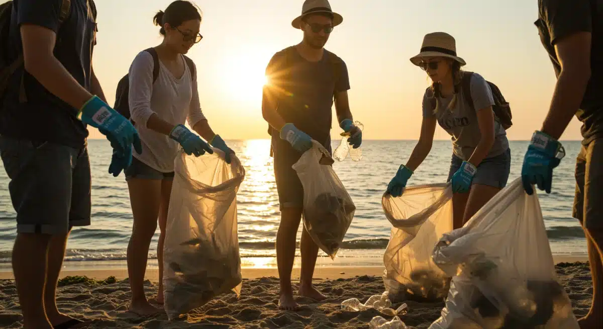 Travelers engaging in a beach clean-up, promoting responsible tourism
