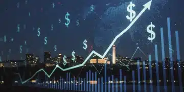 Dynamic economic forecast for the US in 2026 with market trend lines and financial indicators.