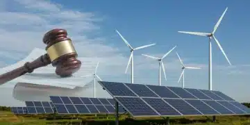 Modern clean energy landscape with legislative overlay, symbolizing 2026 US carbon emissions policy changes.