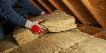 Contractor installing attic insulation for energy savings