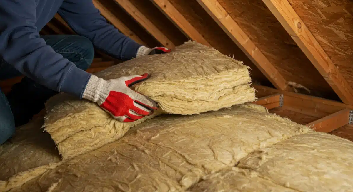 Contractor installing attic insulation for energy savings
