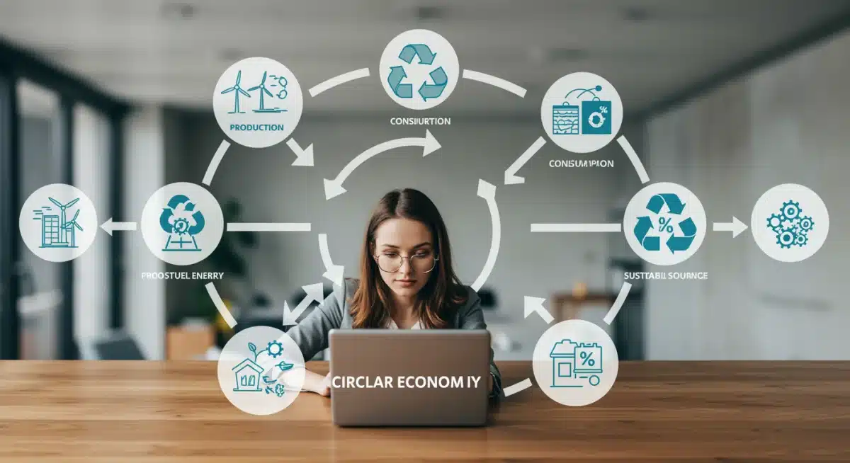 Circular economy diagram showing sustainable production, consumption, and recycling processes in retail.
