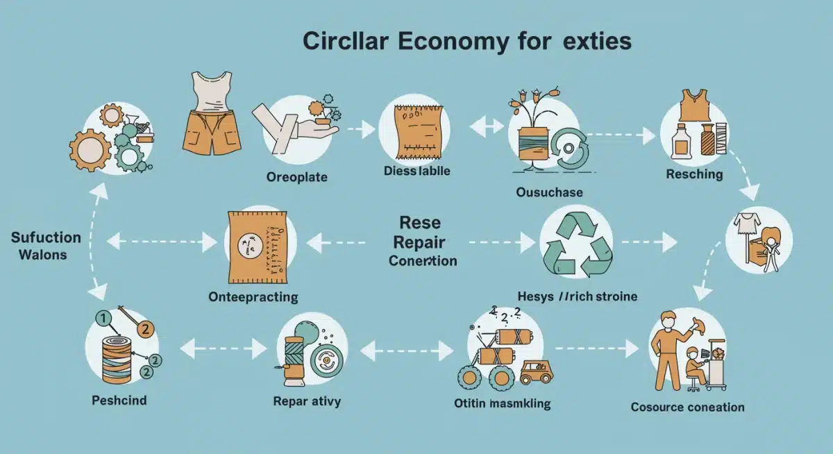 Circular economy model for textiles, illustrating reuse, repair, and recycling processes.