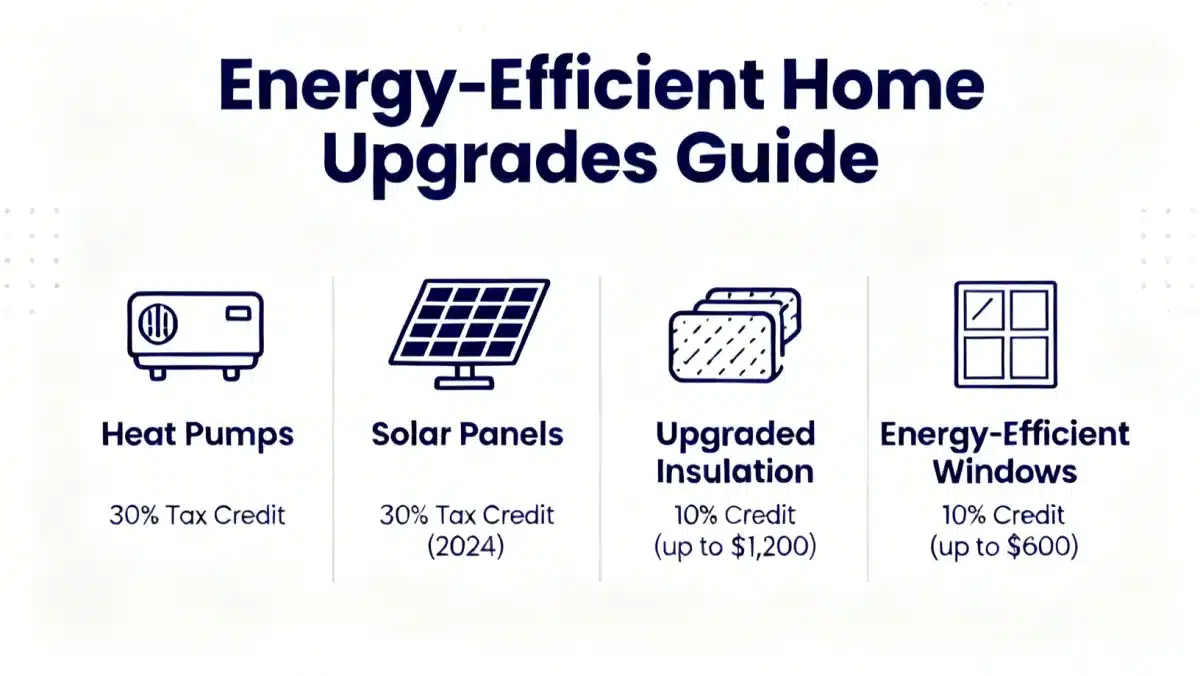 Infographic showing energy-efficient home upgrades eligible for IRA incentives like heat pumps, solar panels, and insulation.