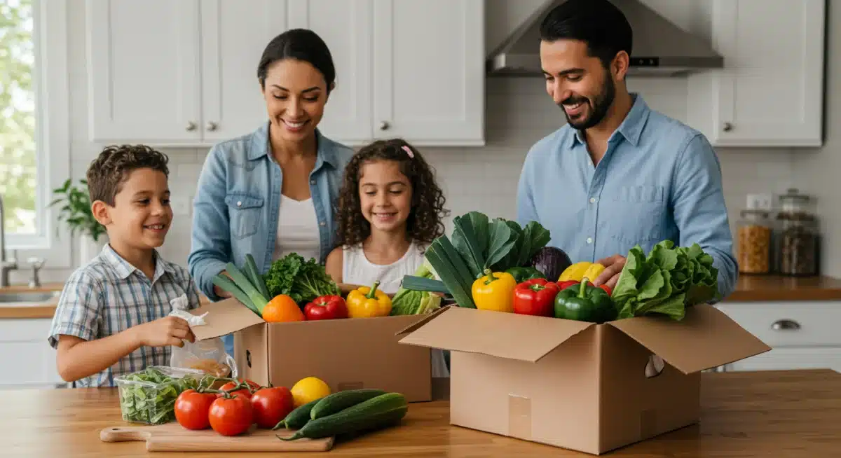 Family unpacking organic food subscription box in a bright kitchen.