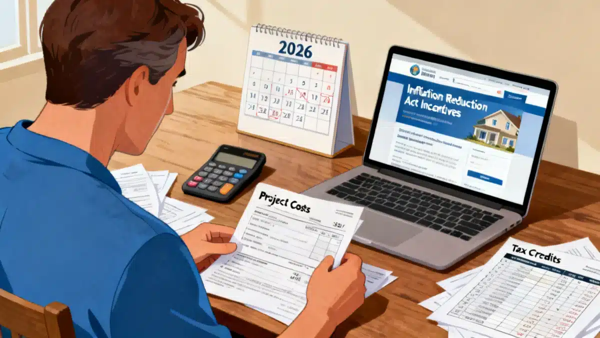 Homeowner planning home improvements with financial documents and calendar, strategizing for IRA 2026 incentives.