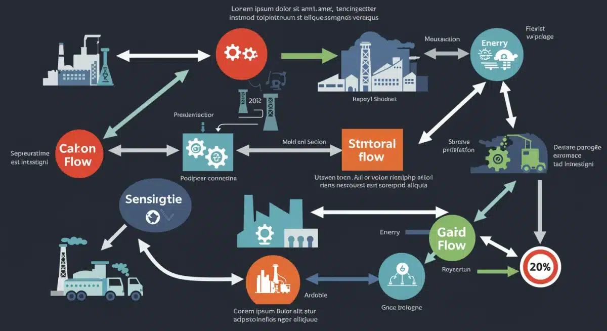 Infographic illustrating interconnected industrial sectors and their carbon emissions reduction targets by 2026.