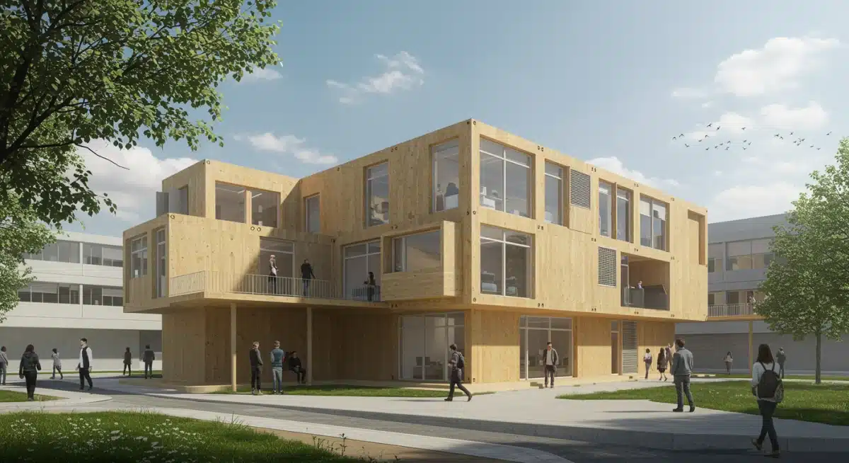 Modular building design emphasizing adaptability, recycled materials, and natural ventilation.