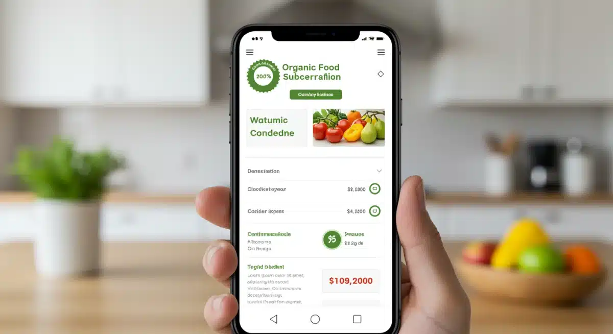 Smartphone screen showing an organic food subscription app with customization options.