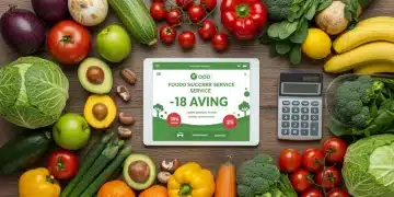 Assortment of fresh organic produce with a tablet showing a food subscription service and a calculator.